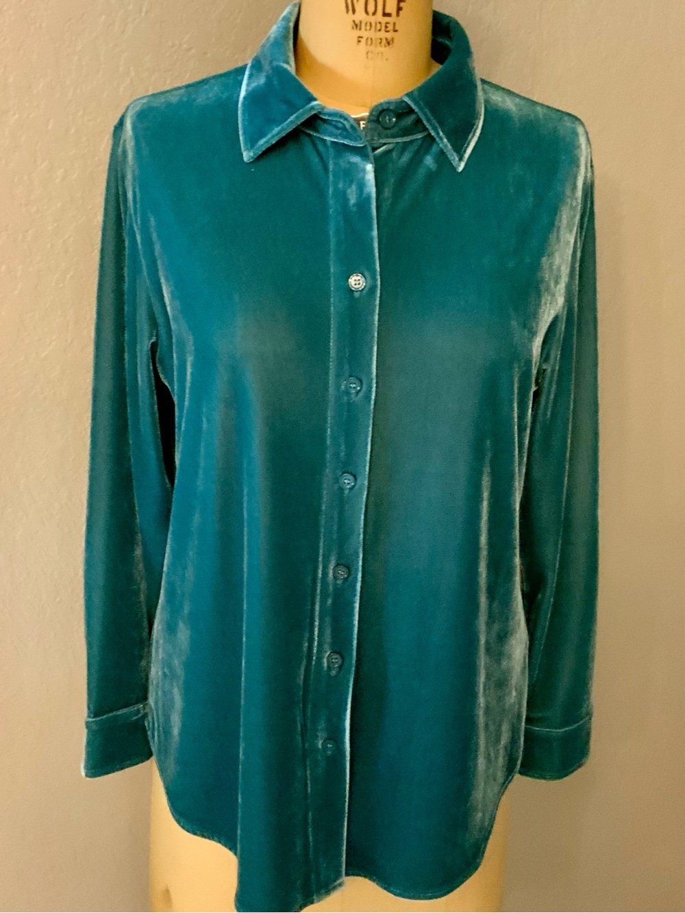 Soft Surroundings Teal Velvet Button-Down Shirt, Long Sleeves, Boyfriend Tunic